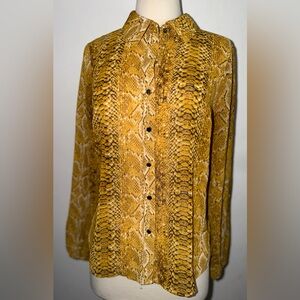New INC International Concept Mustard Yellow Snake Print Button-Up Sheer Blouse